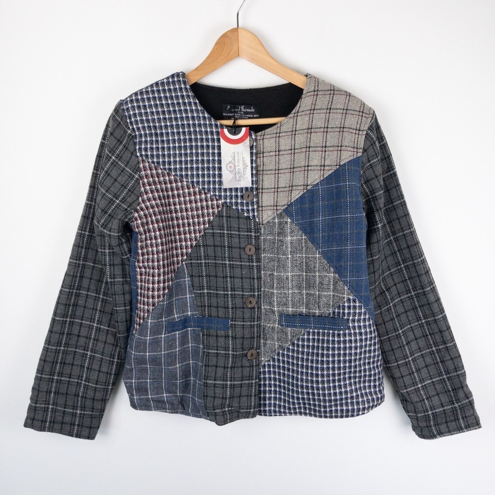Sacred Threads Jacket Womens Size S/M‎ Blue Patchwork Plaid Wool Blend Boho New